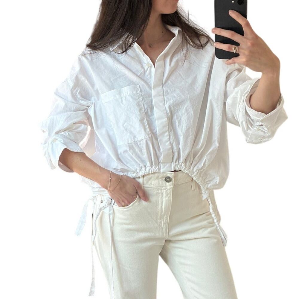CITIZENS OF HUMANITY Alexandra White Poplin Ruched Tie Button Shirt Size S